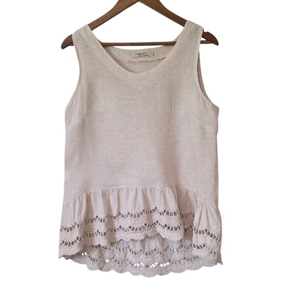 Valentina Tops - Valentina Womens Size M Beige 100% Linen Lace Ruffle BOHO Beach Tank Top